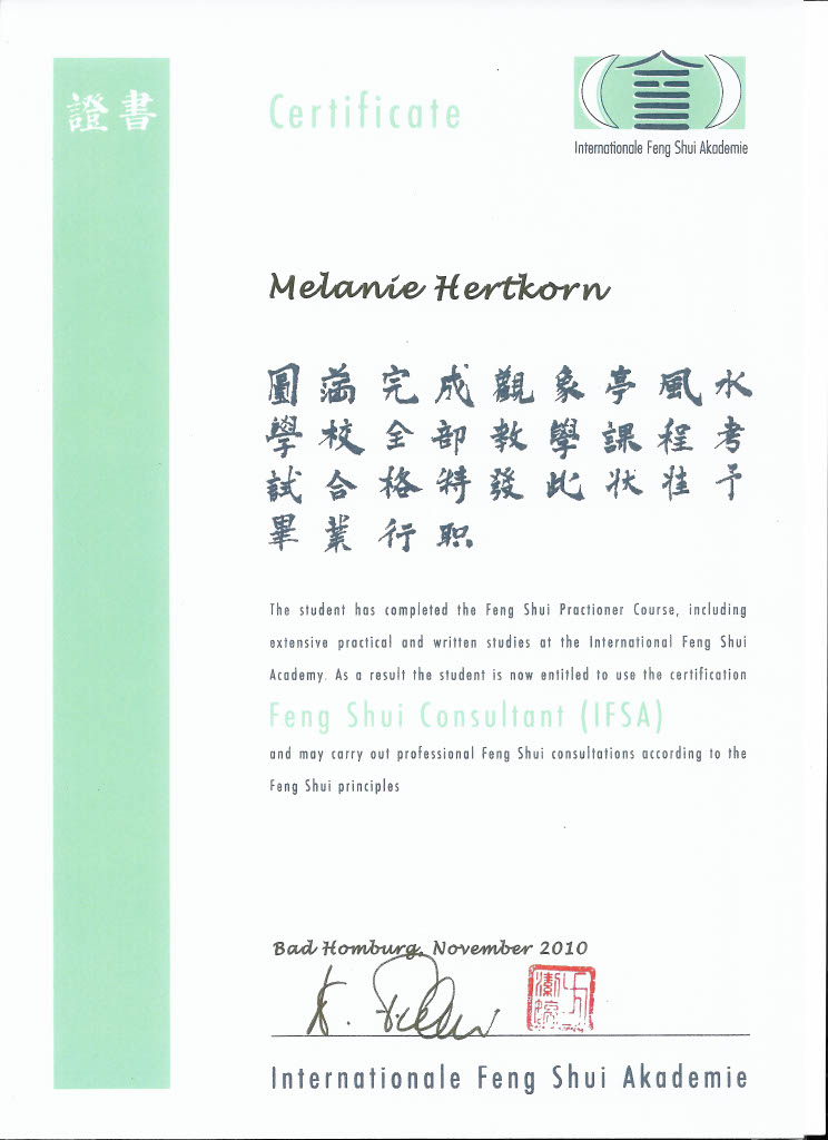 Zertifikat Grundausbildung Melanie Müller Internationale Feng Shui Akademie
