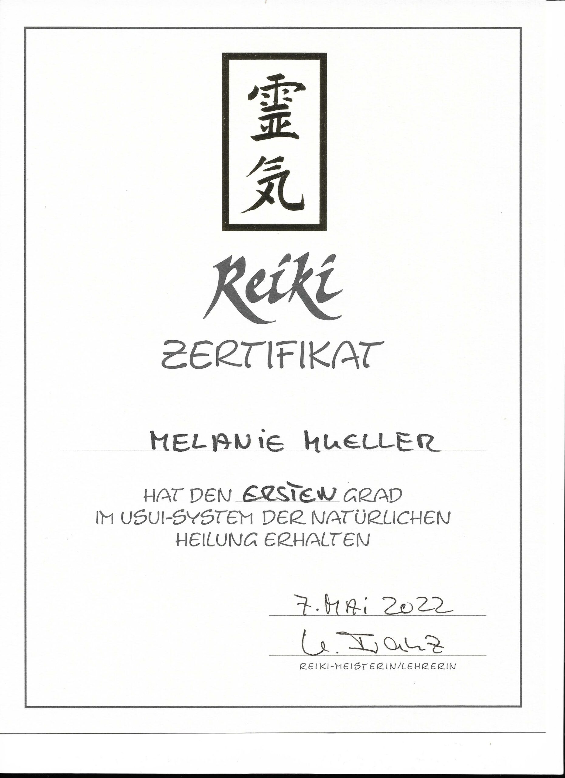 Zertifikat Reiki 1. Grad Melanie Müller