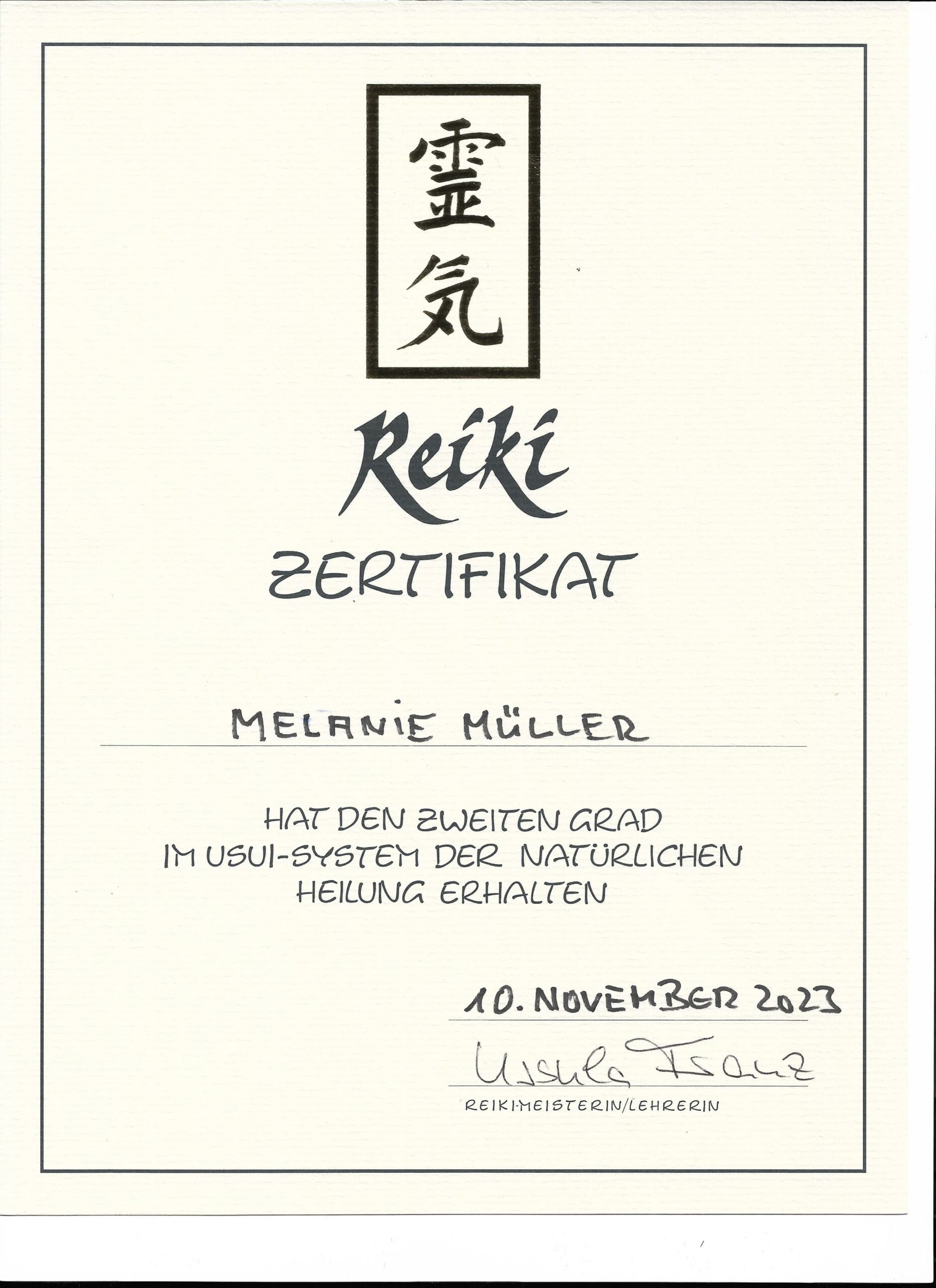 Reiki 2. Grad Zertifikat Melanie Müller
